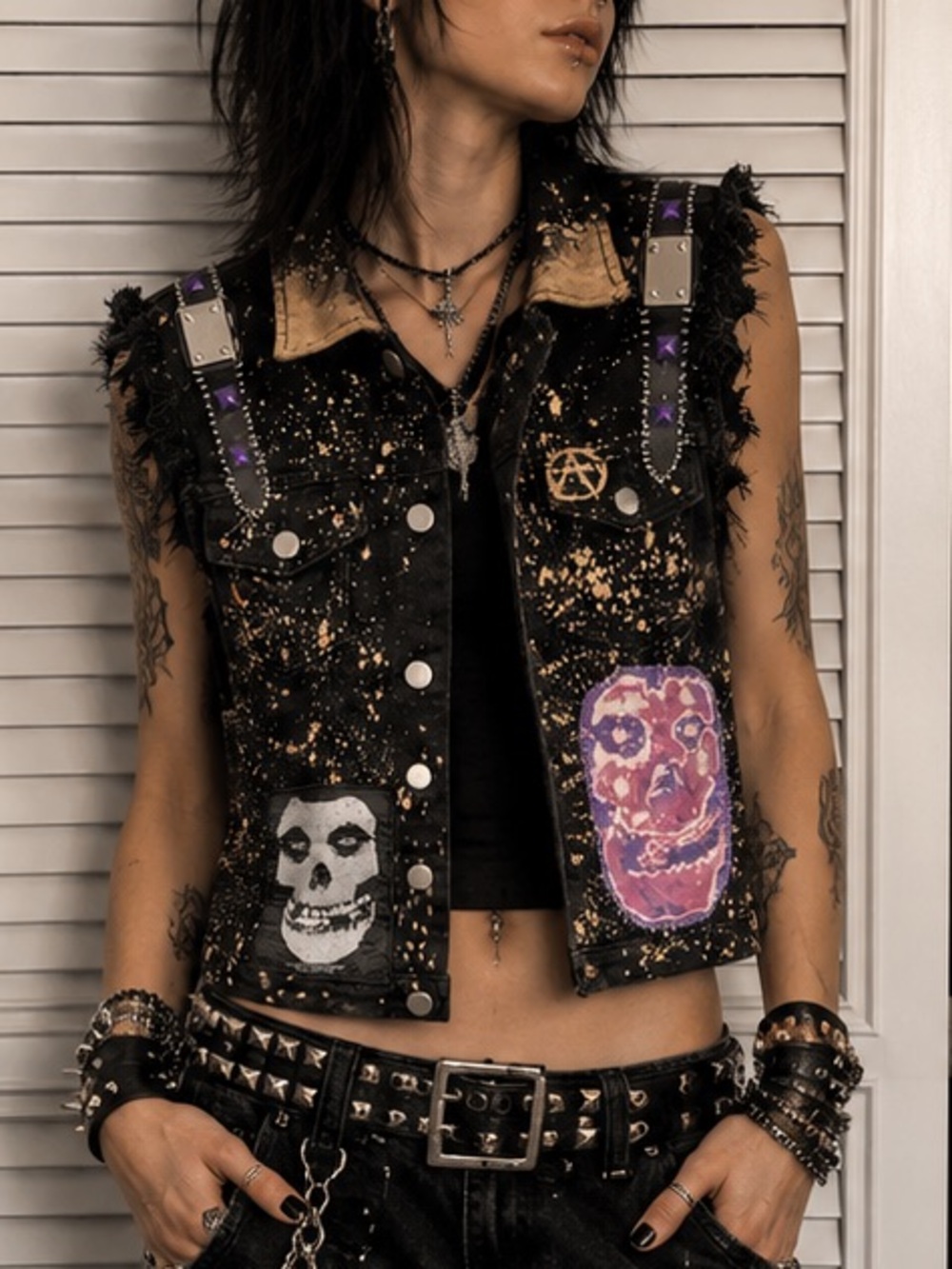 Cursed Kitty Original The Misfits Battle Black & Purple Punk Battle Denim Vest